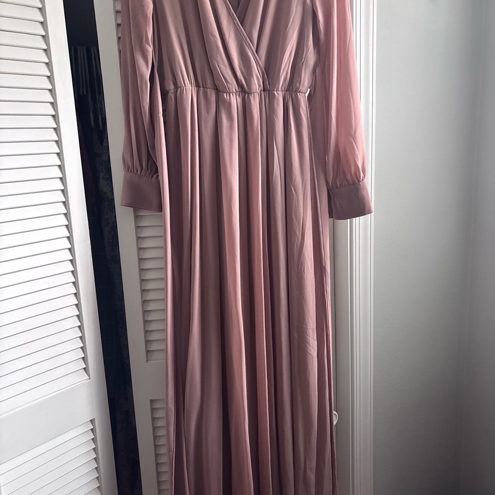 Bohme Pink V-Neck Gown with Bishop Sleeves